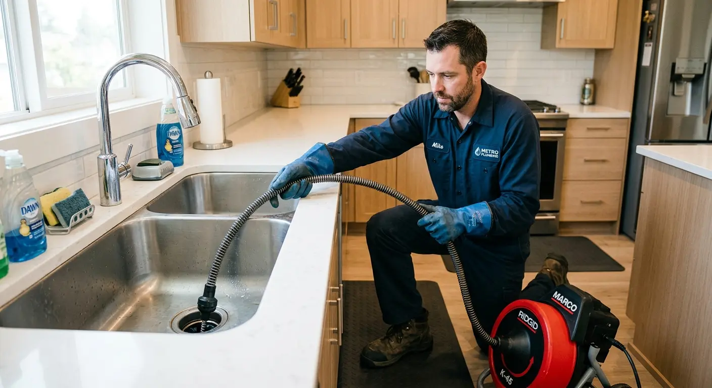 Drain cleaning technician using a motorized snake on a kitchen sink in Canton